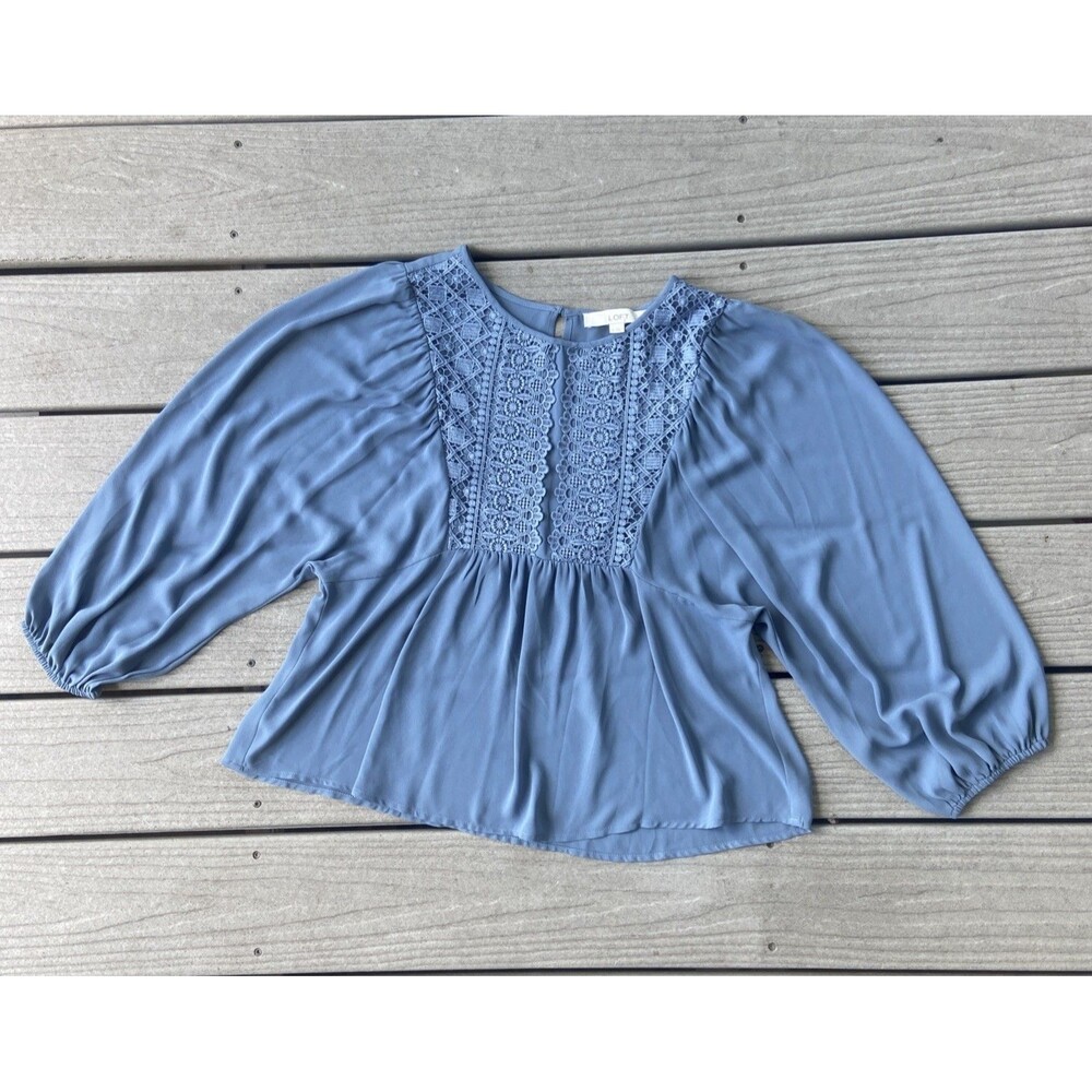 LOFT Women’s Blue Embroidered Babydoll Kimono Sleeve Blouse Size S